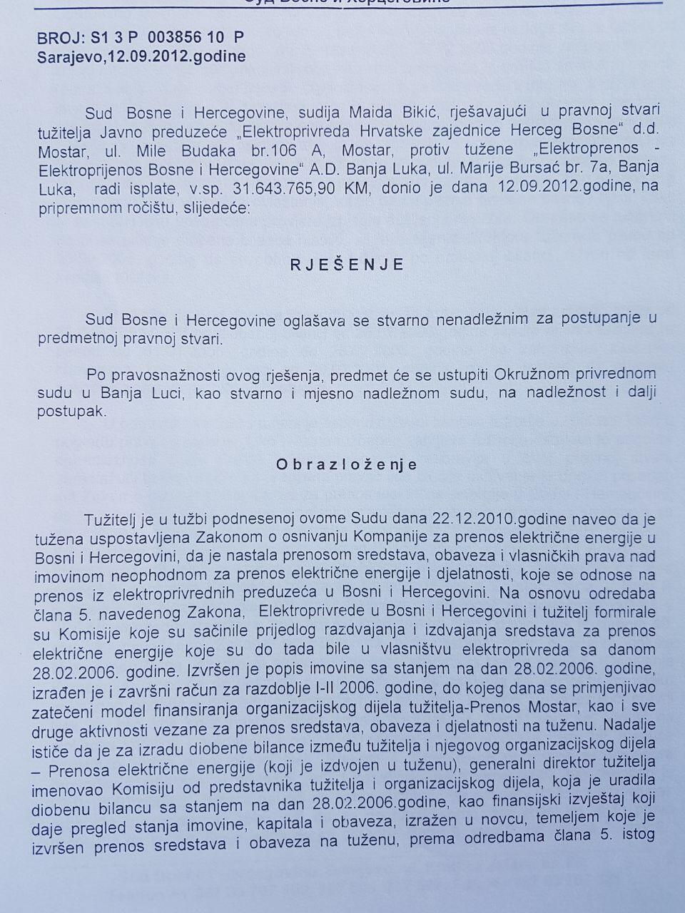 Faksimil presude Suda BiH od 12. septembra 2012. - Avaz