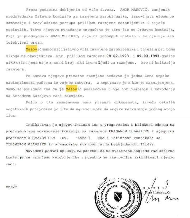 Faksimil Muslimovićevog dopisa iz 1993. tadašnjem državnom rukovodstvu, kojim je pokušao komprimitirati jednu od najmoralnijih bošnjačkih ličnosti Amora Mašovića - Avaz