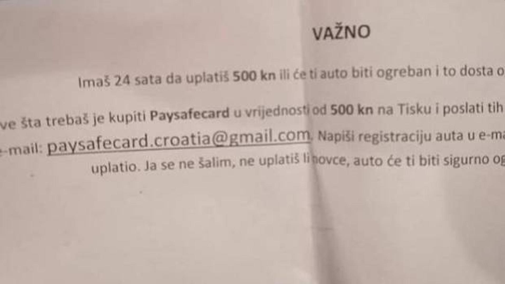 Prijeteća poruka osvanula na automobilima u Zagrebu