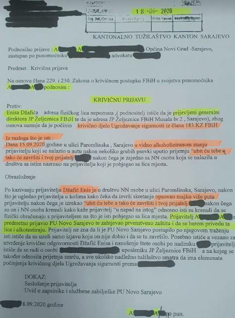 Faksimil krivične prijave podnesen Tužilaštvu KS - Avaz