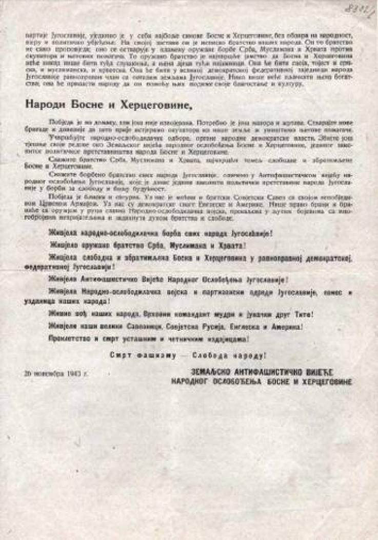 Proglas Prvog zasjedanja ZAVNOBiH-a prvi je dokument kojim se ovaj ratni parlament predstavio narodima BiH - Avaz