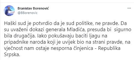 Tvit Branislava Borenovića - Avaz