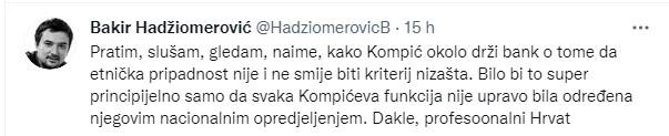 Objava Hadžiomerovića na Twitteru - Avaz