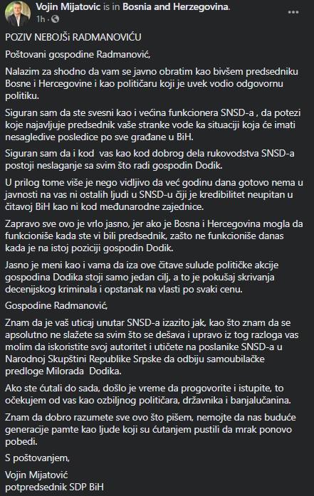 Status Vojina Mijatovića na Facebooku - Avaz