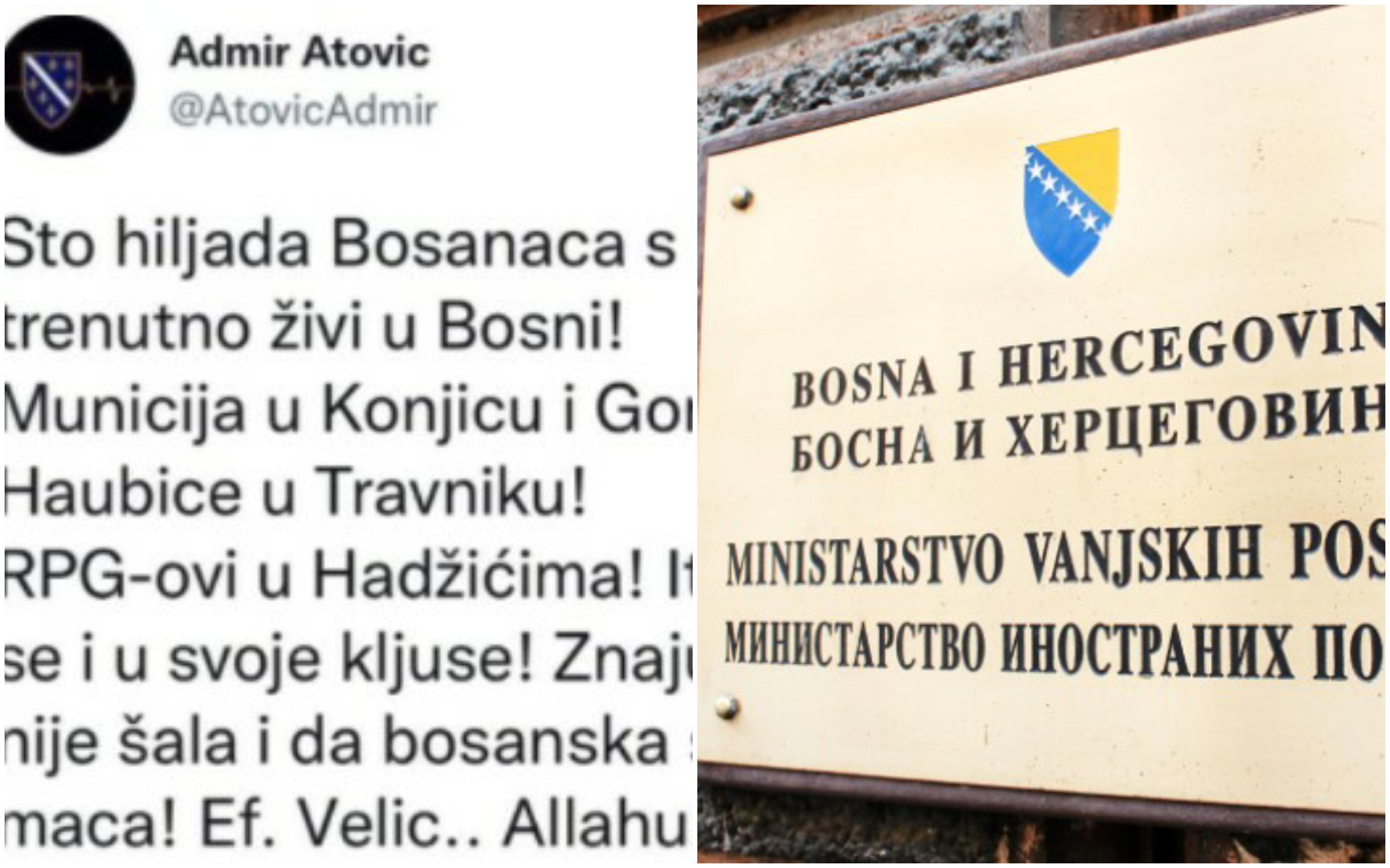 Ministarstvo vanjskih poslova: Zatraženo hitno izjašnjenje Atovića zbog statusa "Sto hiljada Bosanaca s iskustvom rata trenutno živi u Bosni"