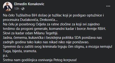 Objava Konakovića na Facebooku - Avaz