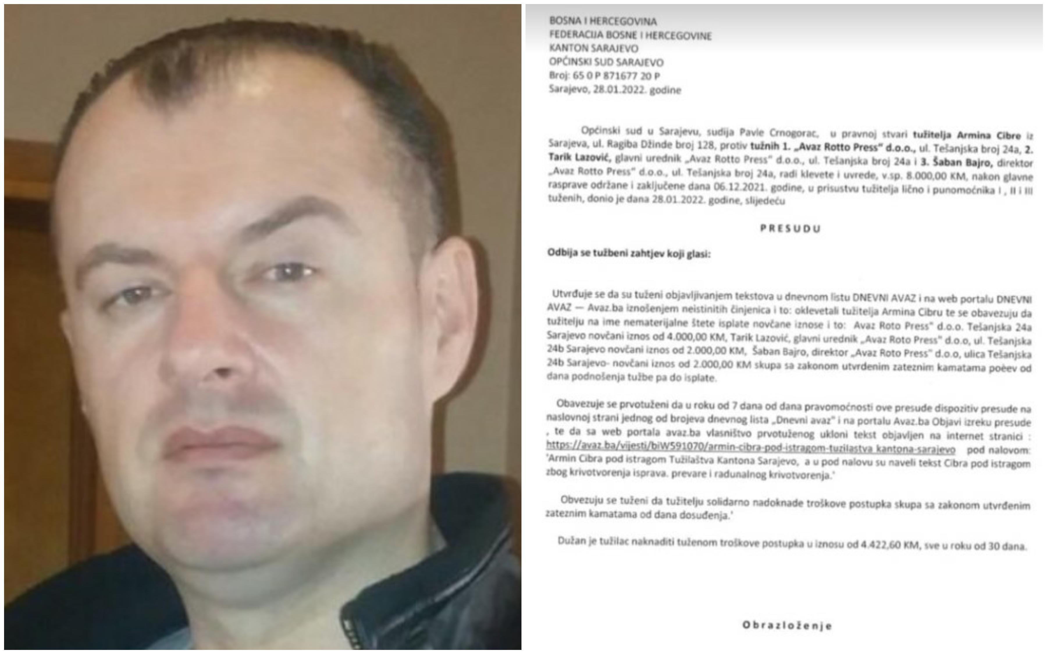 Odbijena tužba Armina Cibre protiv "Avaza", dužan platiti 4.422 KM troškova