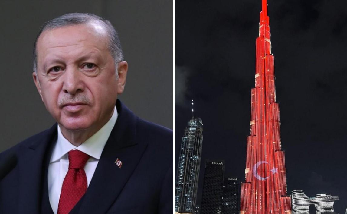Neboder Burj Khalifa osvijetljen bojama turske zastave uoči Erdoganove posjete