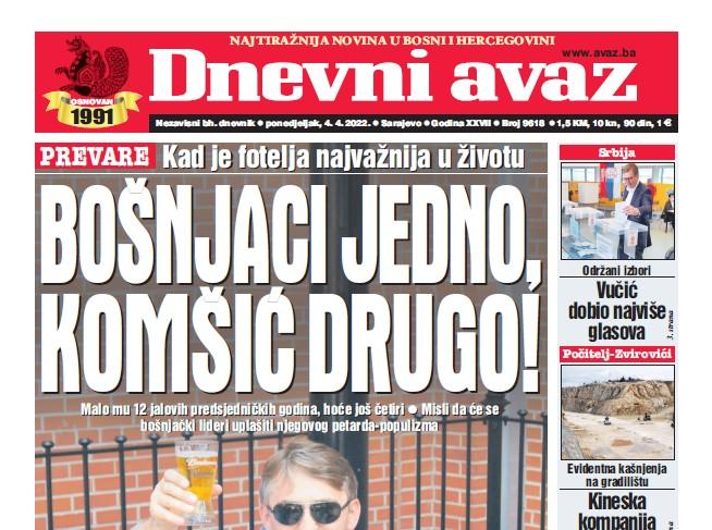 Danas u "Dnevnom avazu" čitajte: Bošnjaci jedno, Komšić drugo!