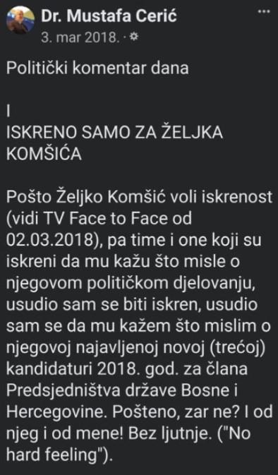 Faksimil poruke bivšeg reisa Ceirća Željku Komšiću (I) - Avaz