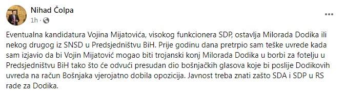 Objava Čolpe na Facebooku - Avaz