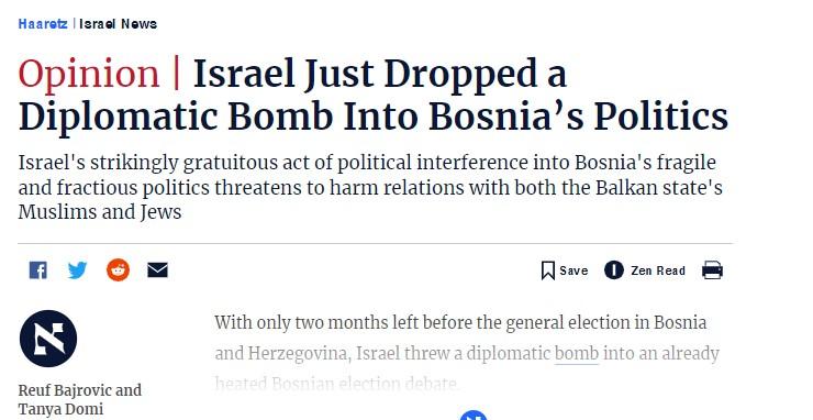 The Haaretz: Izrael je bacio diplomatsku bombu na bosansku politiku