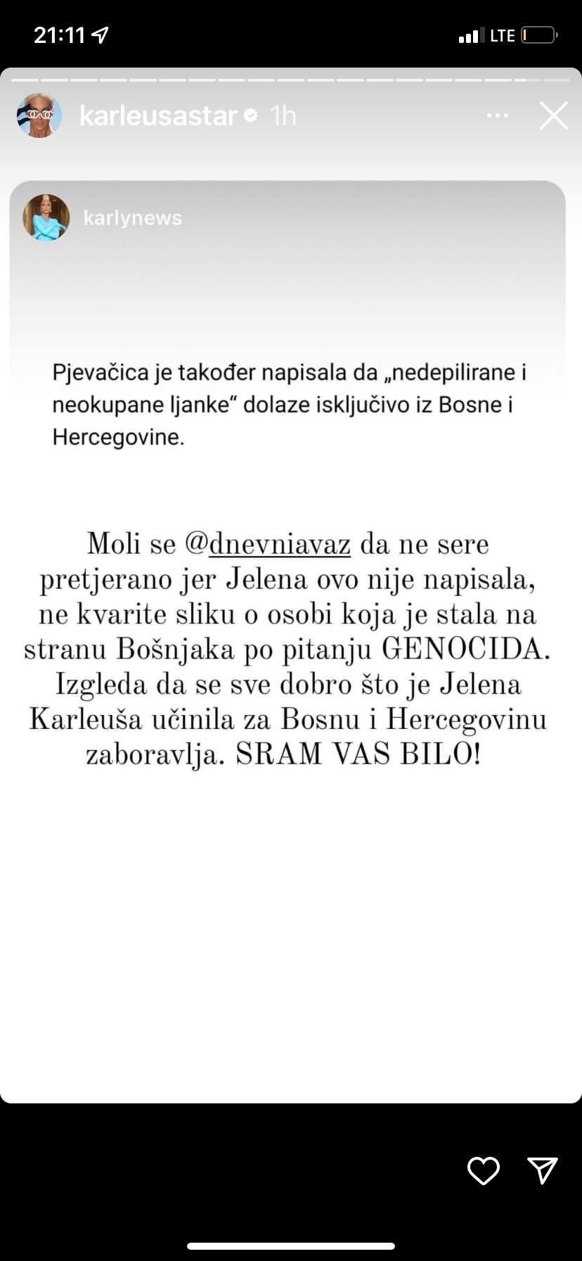 Objava koju je podijelila Jelena Karleuša - Avaz