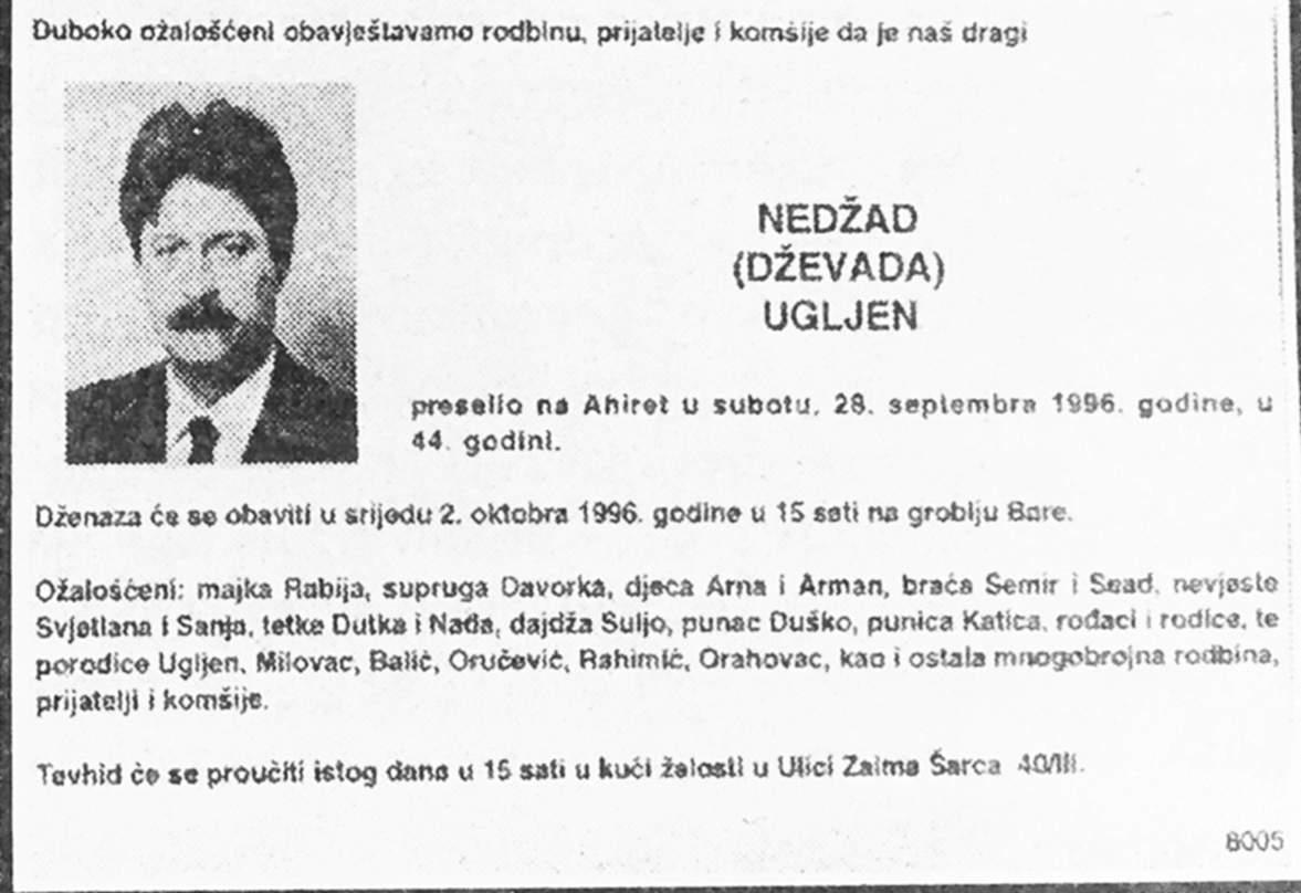 Čitulja koju je porodica objavila nakon ubistva Ugljena 28. septembra 1996. godine - Avaz