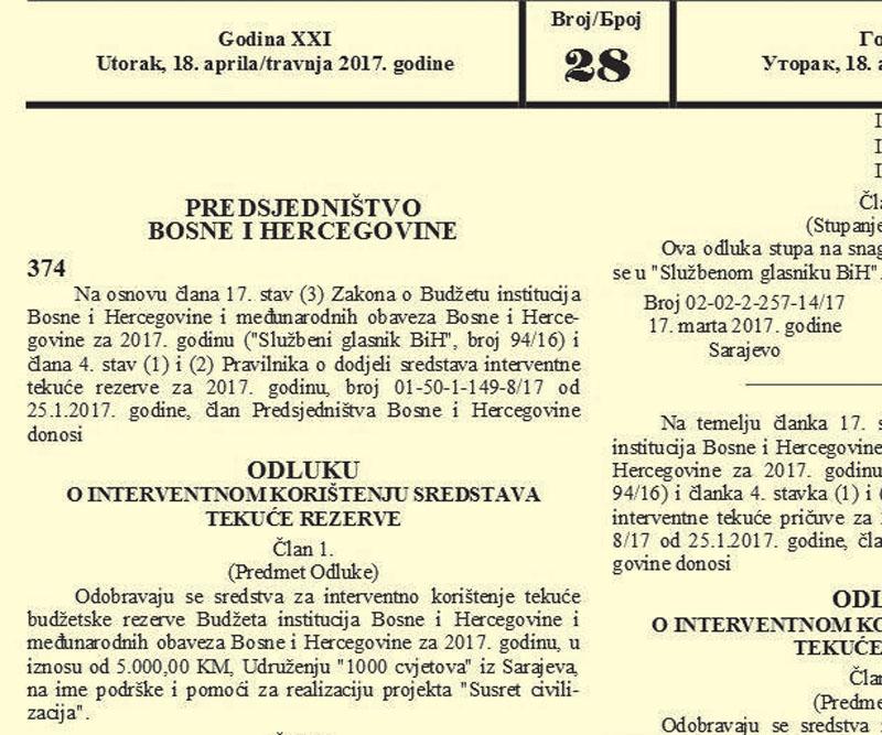 Faksimil odluke kojom Izetbegović uplaćuje 5.000 KM na račun propalog portala „Slobodna Bosna“ - Avaz