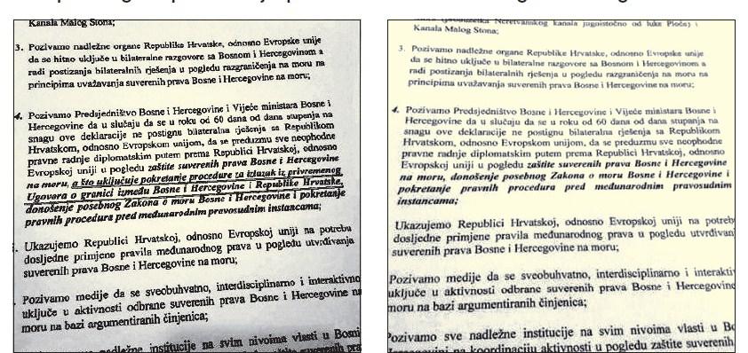 Faksimil deklaracije o Pelješkom mostu: Sporna tačka 4., kojom je traženo da BiH izađe iz Ugovora o granici, uklonjena na zahtjev SBB-a - Avaz