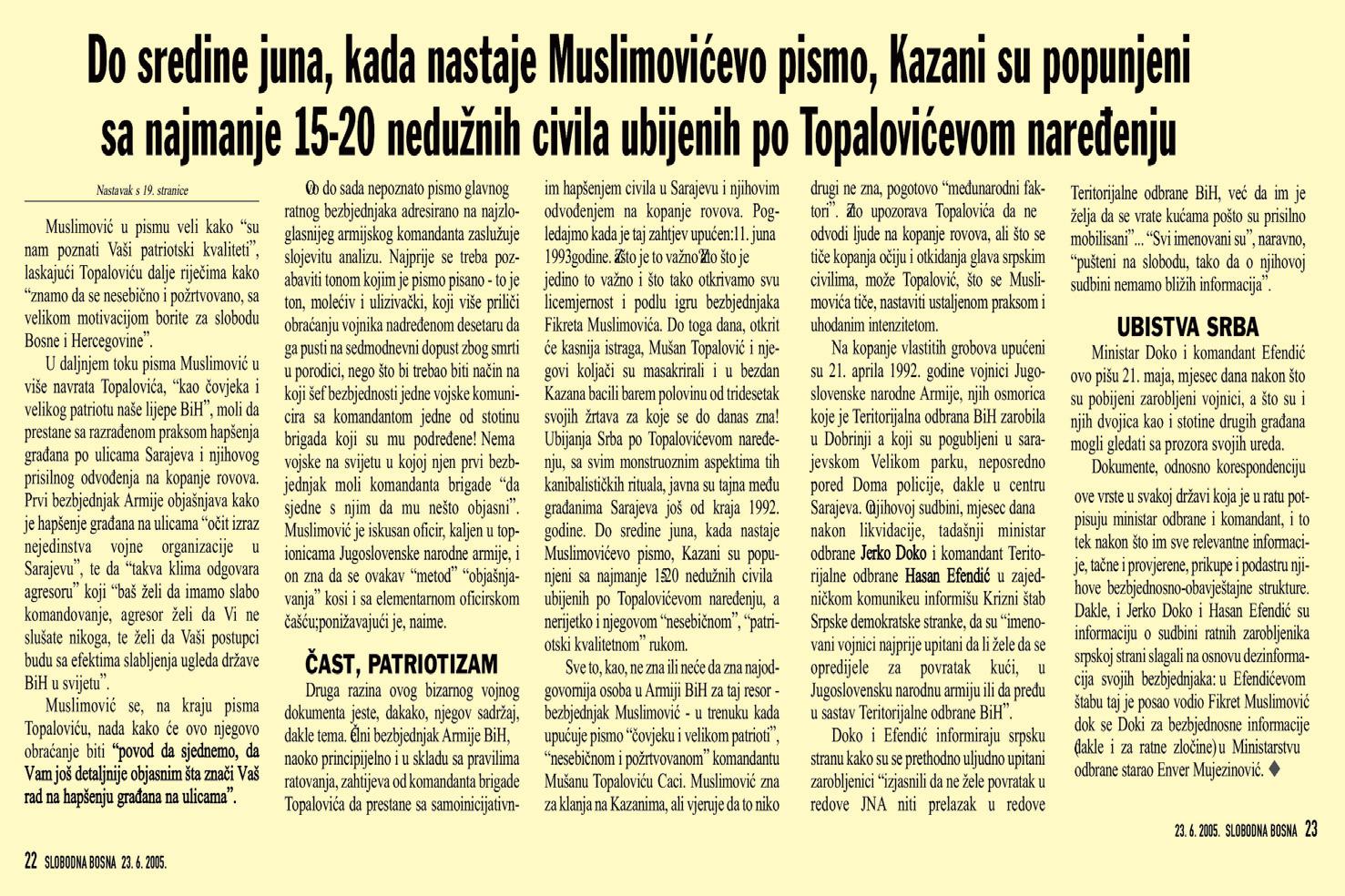 Faksimil teksta u kojem se Avdić posebno pozabavio sadržajem pisma koje je Muslimović poslao 11. juna 1993. godine Topaloviću - Avaz
