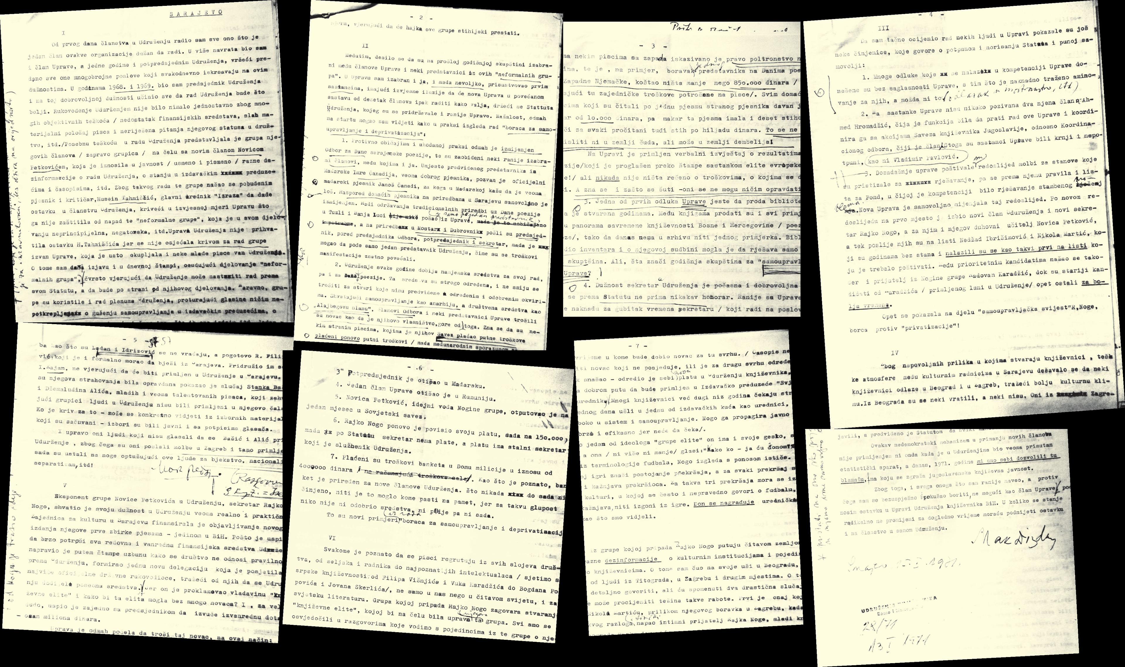 Faksimil pisma ostavke Maka Dizdara od 15. januara 1971. te kasnije dopune ostavke od 25. januara 1971. godine, gdje je sublimirao sve napade kojima je bio izložen od 1968., kada je postao predsjednik Udruženja književnika - Avaz