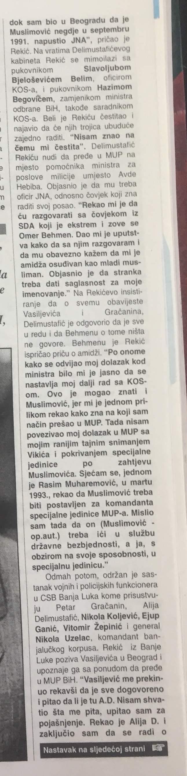 Faksimil dijela teksta SB-a pod naslovom "Delimustafić mi je savjetovao da Behmenu kažem kako mi je amidža robijao kao mladi musliman" od 10. oktobra 1998. godine - Avaz