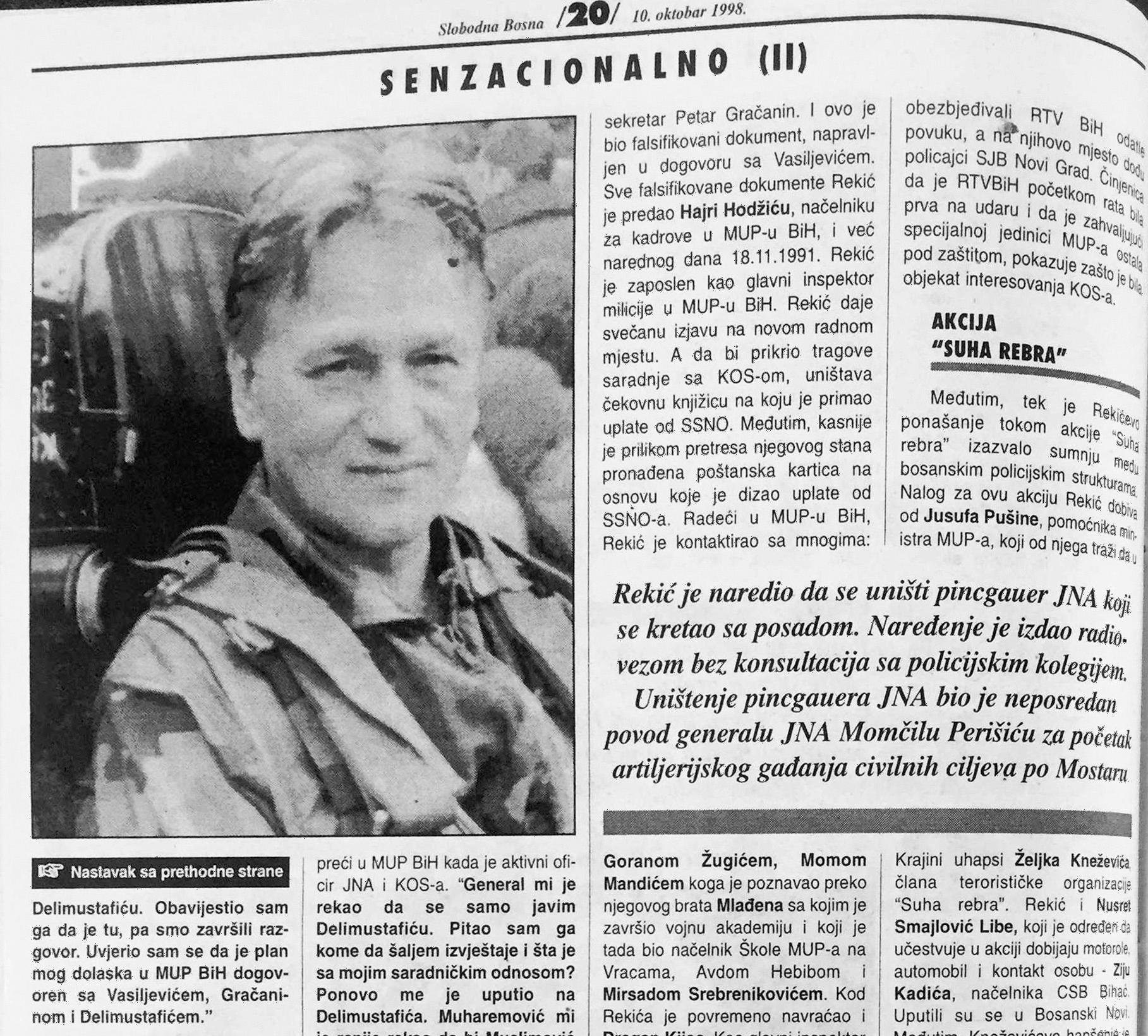 Faksimil teksta iz “Slobodne Bosne” od 10. oktobra 1998. godine: Ostalo je nerazjašnjeno gdje je i kako Rekić proveo noć prije hapšenja Kneževića - Avaz