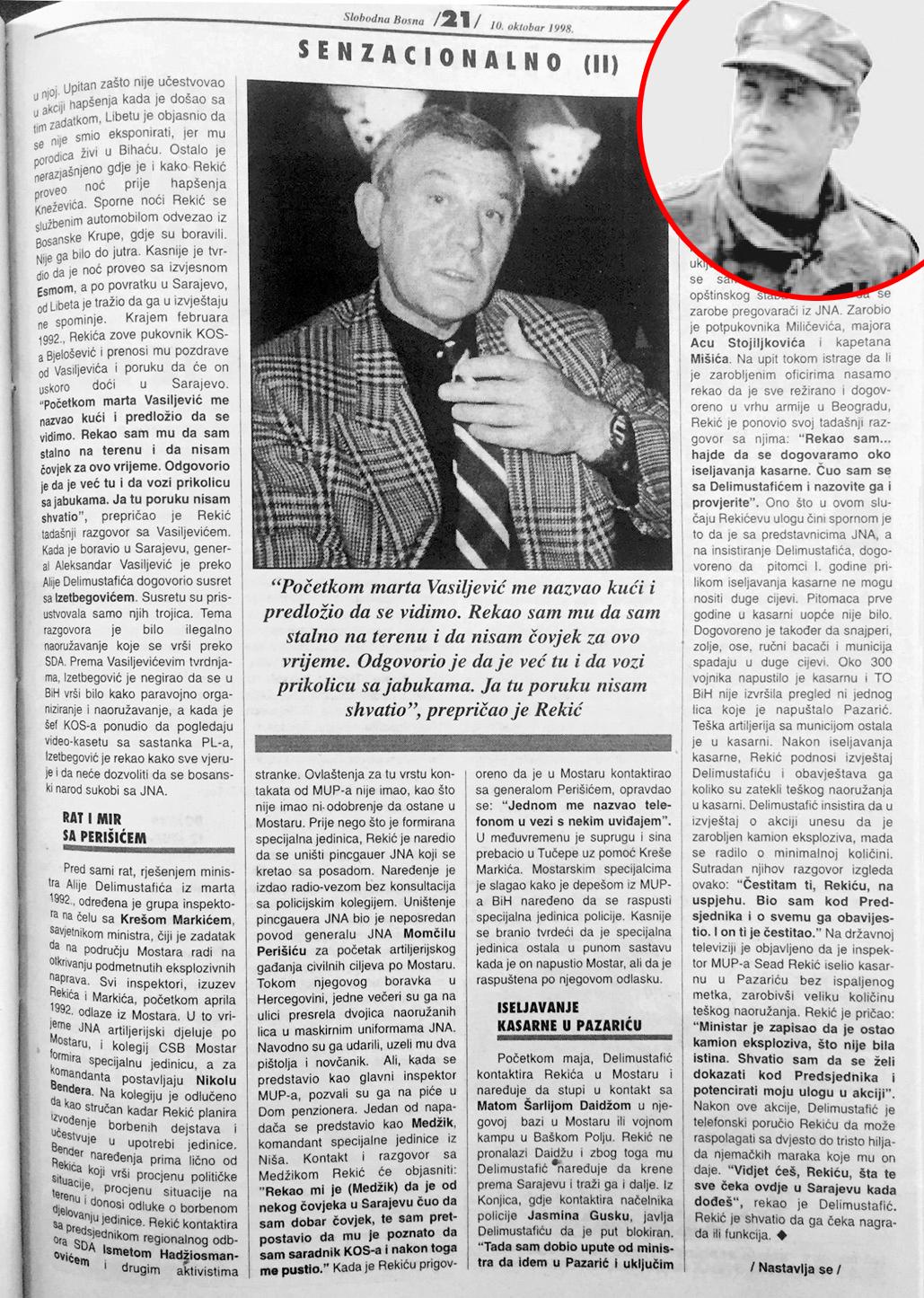 Faksimil nastavka teksta “Slobodne Bosne” od 10. oktobra 1998. godine | Rekić: U Mostaru kontaktirao i s Perišićem - Avaz