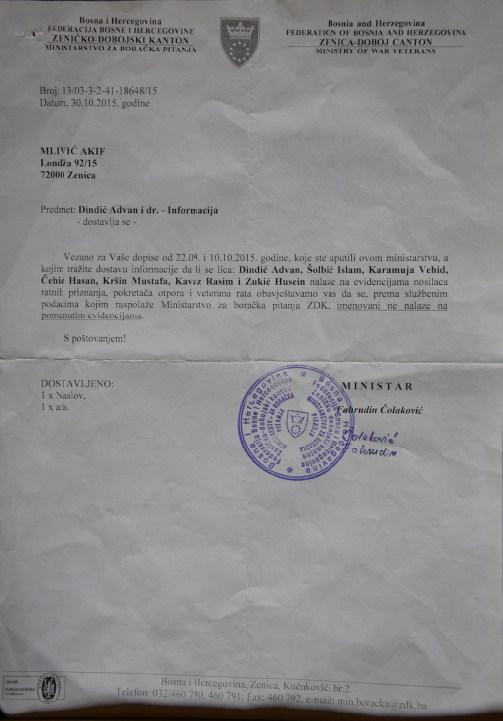 Faksimil dopisa iz Ministarstva za boračka pitanja ZDK: Dobitnici stanova nemaju ratna priznanja - Avaz