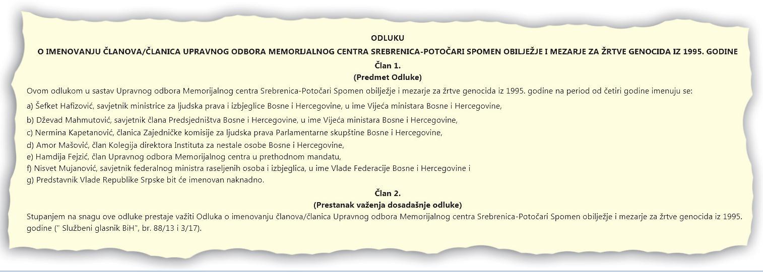 Faksimil Odluke o imenovanju članova UO: Objavljena u „Službenom glasniku BiH“ - Avaz