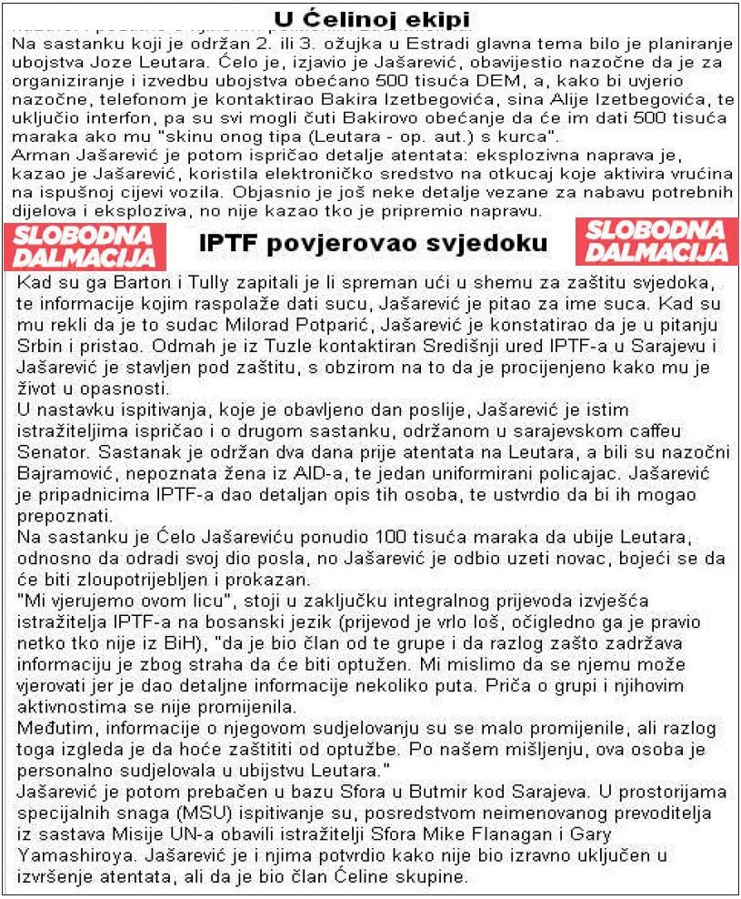 Detalje iskaza Armana Jašarevića „Slobodna Dalmacija” objavila 29. marta 2002. godine - Avaz