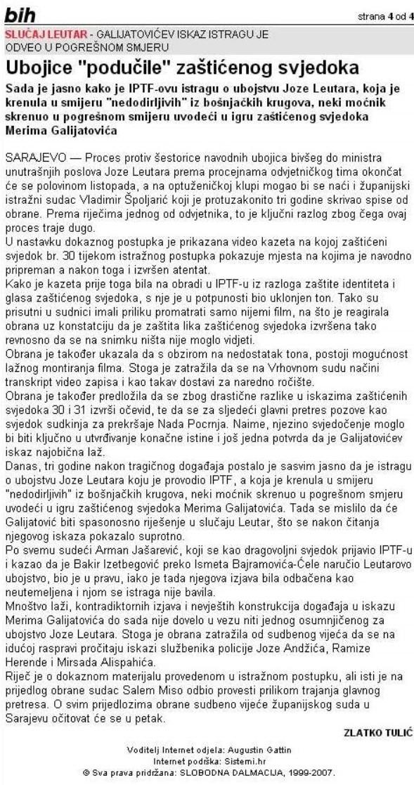 Faksimil teksta „Slobodne Dalmacije od prije 16 godina - Avaz
