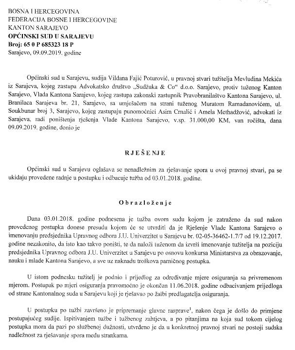 Faksimil presude Općinskog suda Sarajevo - Avaz