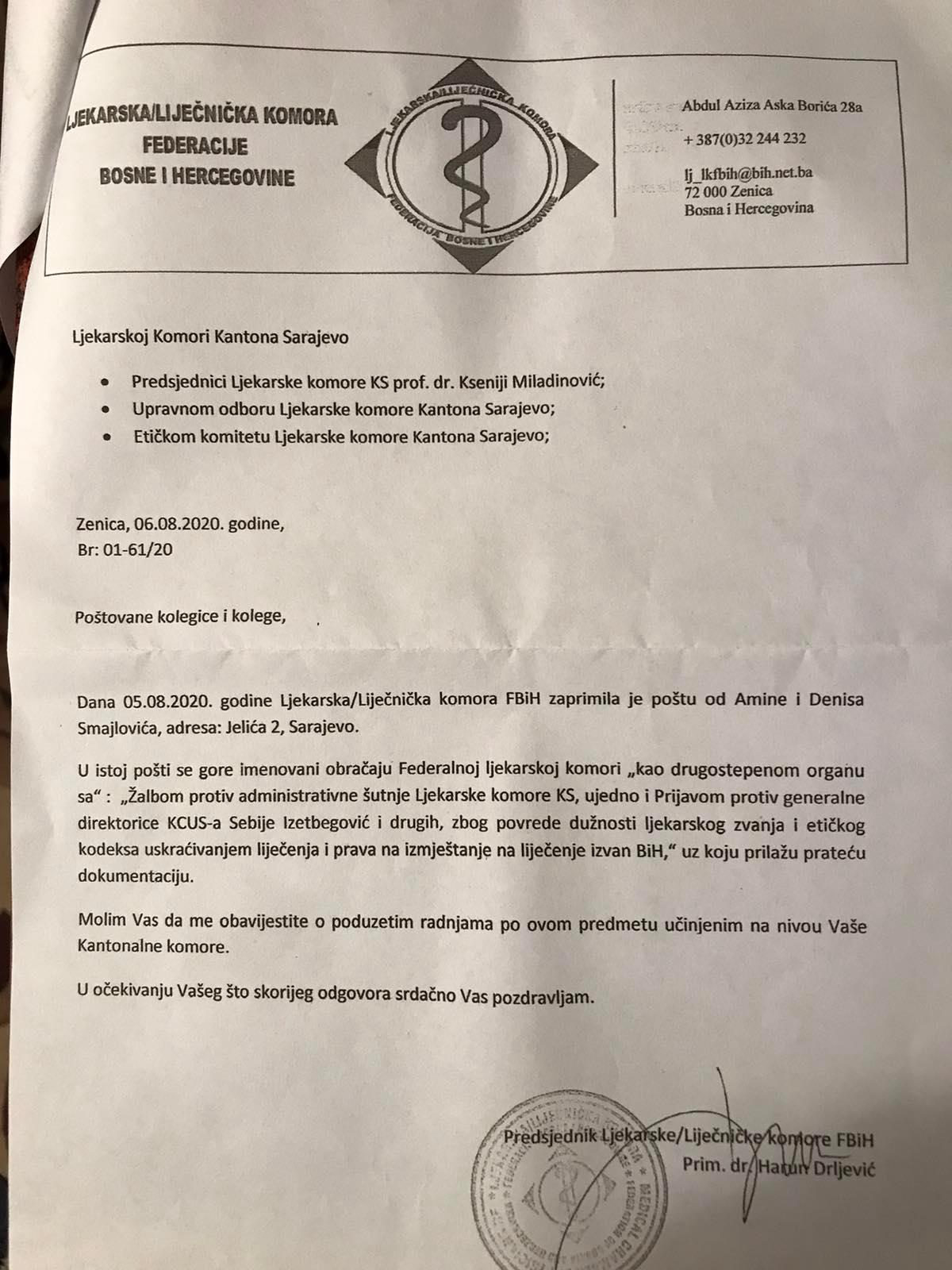 Ljekarska komora FBiH uputila dopis Ljekarskoj komori KS - Avaz