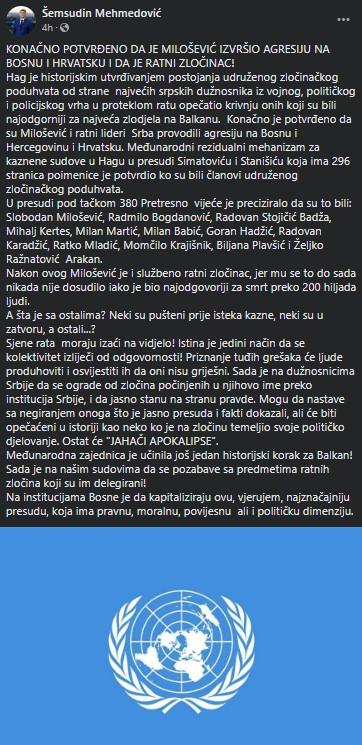Objava Šemsudina Mehmedovića na Facebooku - Avaz