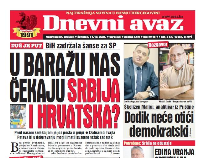 Danas u "Dnevnom avazu" čitajte: U baražu nas čekaju Srbija i Hrvatska?
