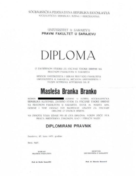 Faksimil diplome Branka Masleše - Avaz