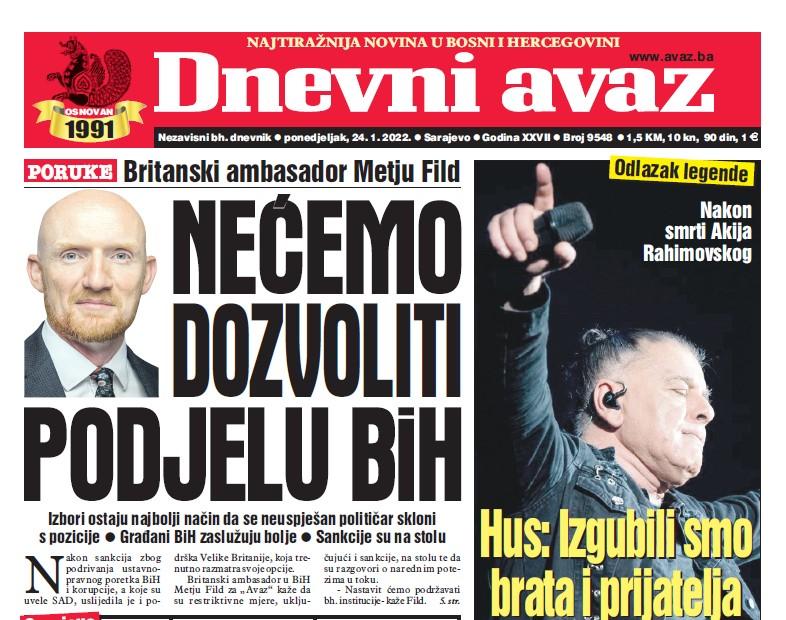 Današnji "Dnevni avaz": Nećemo dozvoliti podjelu BiH!