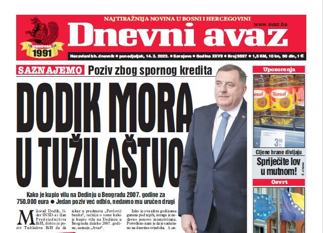 Danas u "Dnevnom avazu" čitajte: Dodik mora u Tužilaštvo