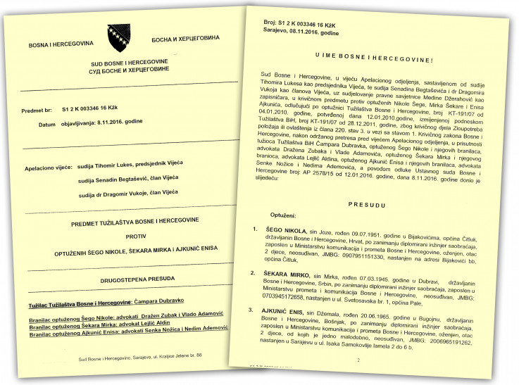 Faksimil zvanične presude Suda BiH od 18. novembra 2016., prema kojoj je Šego oslobođen optužbi u aferi ''CEMT dozvole“