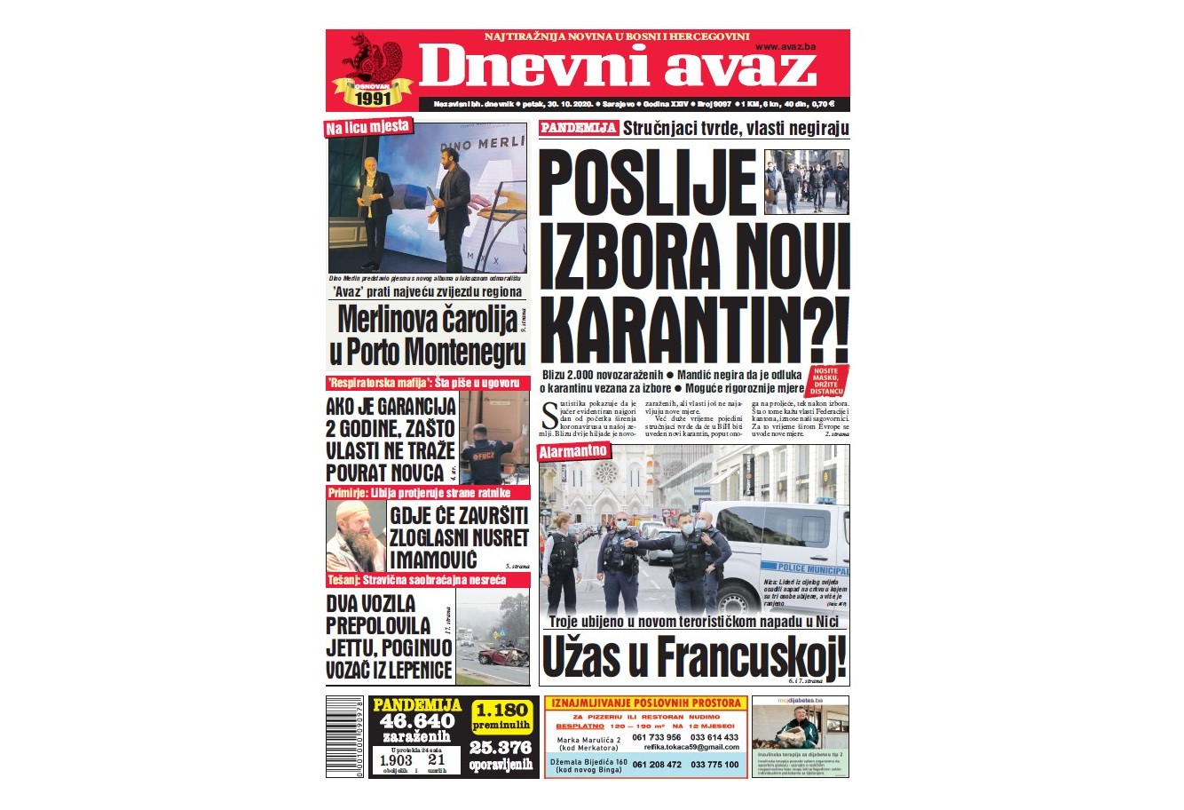 Danas u Dnevnom avazu čitajte Poslije izbora novi karantin