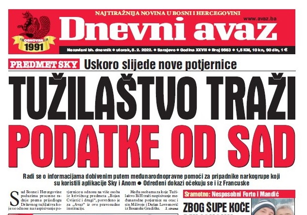 Danas u Dnevnom avazu čitajte Tužilaštvo traži podatke od SAD