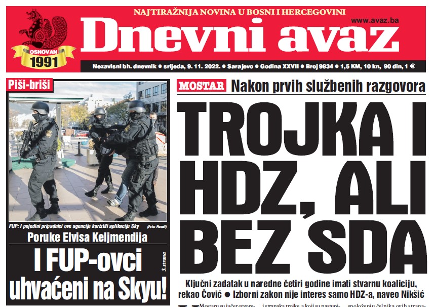 Danas u Dnevnom avazu čitajte Trojka i HDZ ali bez SDA