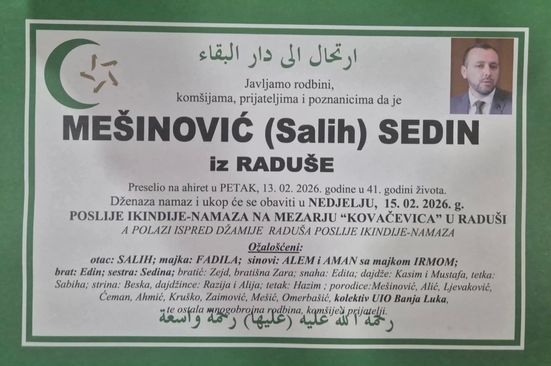 Poznat termin dženaze Sedinu Mešinoviću, šefu sektora u UIO 