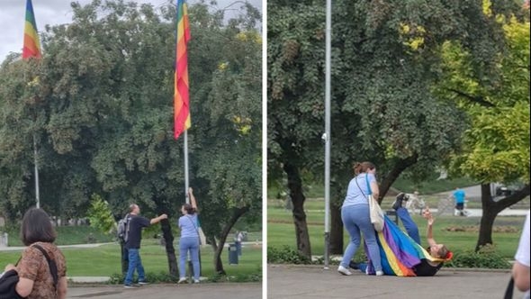 Žena skinula LGBT zastave u Zagrebu, muškarac je pokušao spriječiti