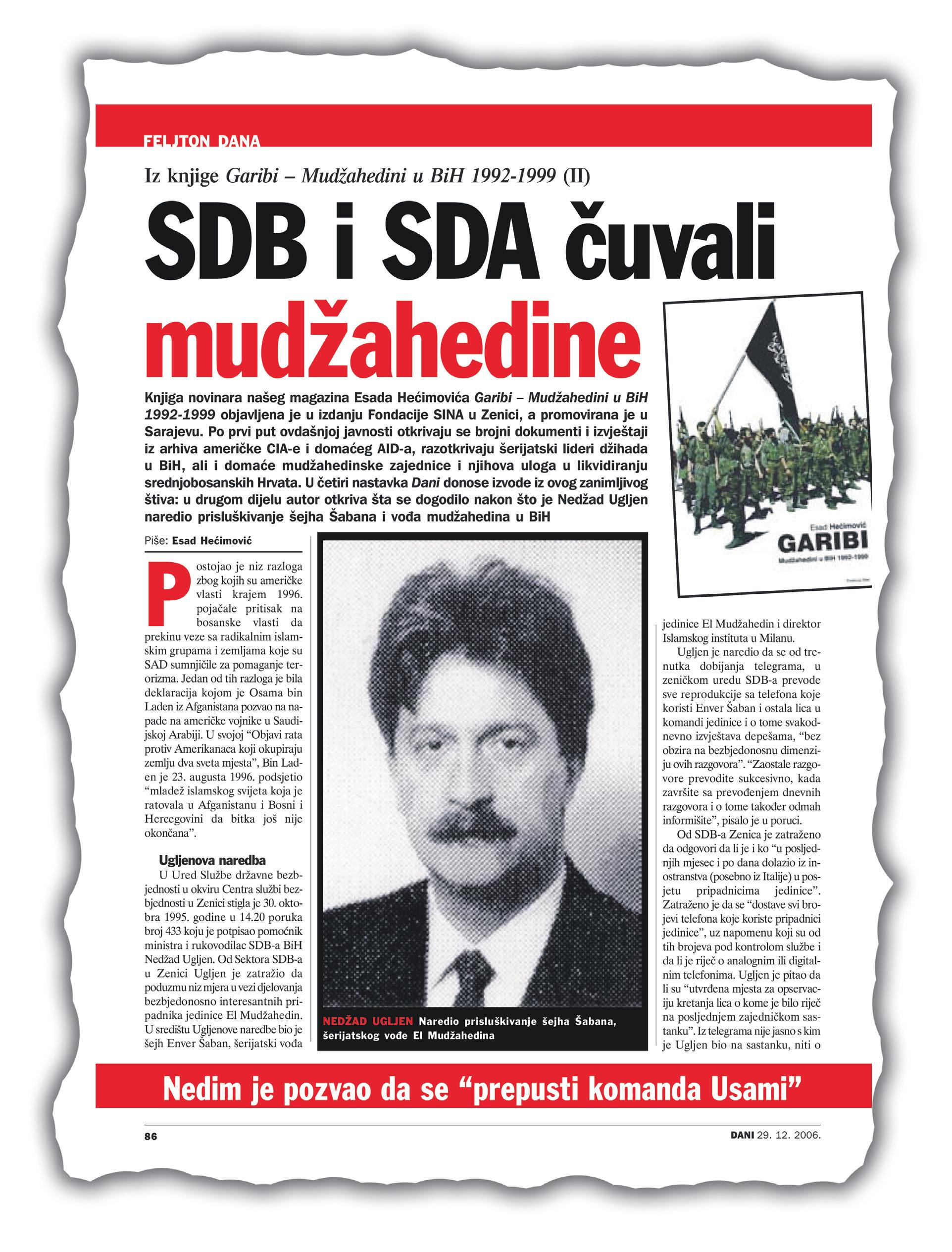 Faksimil feljtona objavljenog u “Danima” pod naslovom “SDB i SDA čuvali mudžahedine” - Avaz