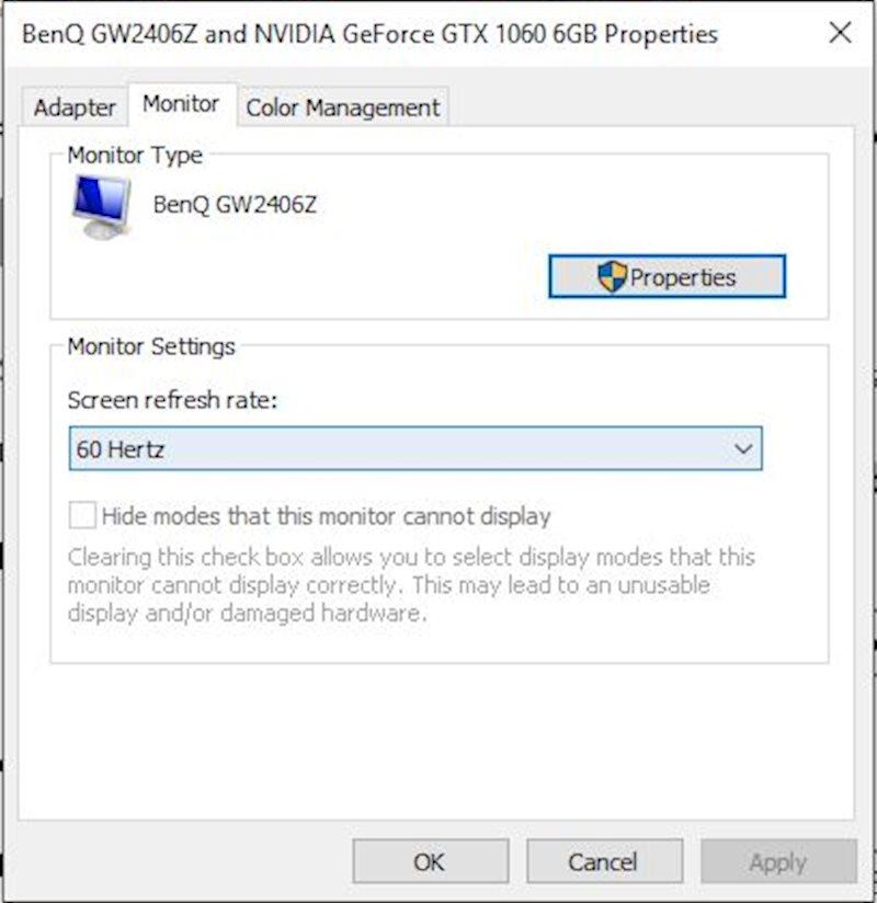 Ne nudi li se za monitor više od 60 Hz u Windowsima, to ne znači da monitor sam po sebi ne podržava tu frekvenciju, nego da se jednostavno koristi (vjerojatno generički) driver u kojem više frekvencije osvježavanja jednostavno nisu upisane; da je proizvođaču stalo do toga da se njihov monitor može bez peripetija dignuti na 75 Hz iz postavki u Windowsima, onda bi isporučili odgovarajući driver, no to što nisu prilagodili driver ne znači da monitor neće normalno raditi i pri toj frekvenciji osvježavanja - Avaz
