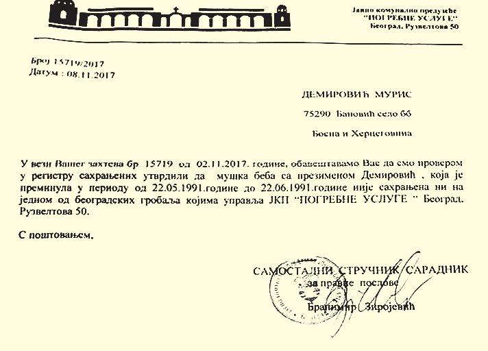 Dopis beogradskog pokopnog društva - Avaz