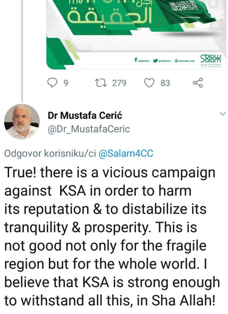 Bivši reis Mustafa Cerić izazvao buru reakcija podržavši na Twitteru Saudijsku Arabiju