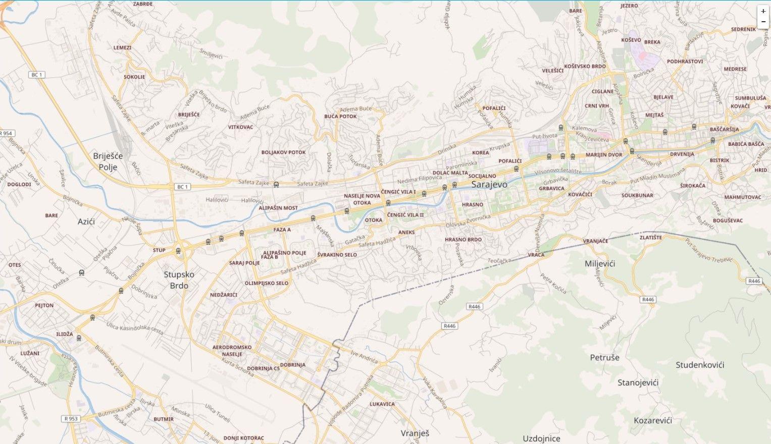 Grafički prikaz radara postavljenih duž saobraćajnice od Baščaršije do Ilidže - Avaz