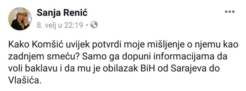 Screenshot objave Sanje Renić na Facebooku - Avaz
