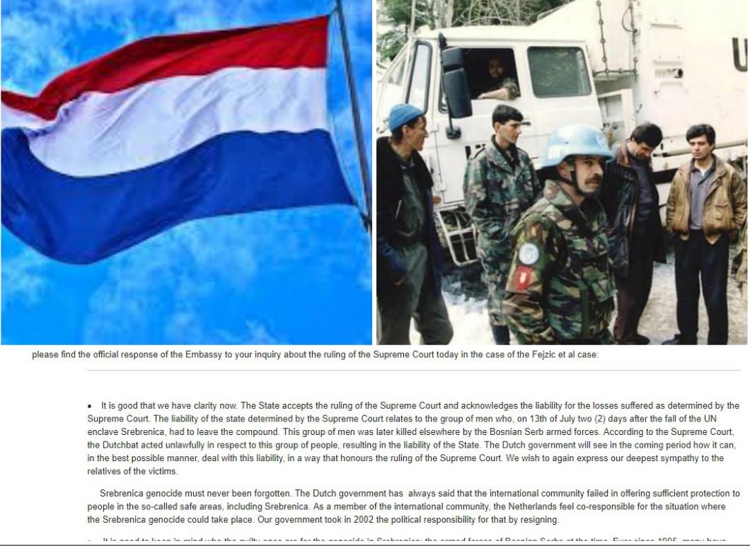 Oglasila se Ambasada Holandije u BiH: Naša država je suodgovorna za Srebrenicu