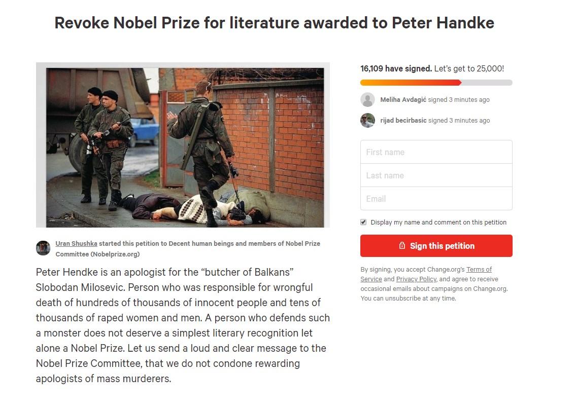Više od 16 hiljada glasova za oduzimanje Nobelove nagrade Peteru Handkeu